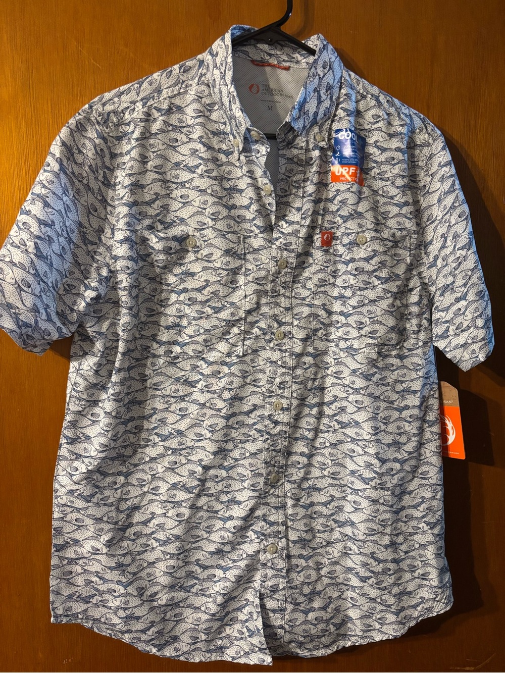 Short-Sleeve Button-Down Shirt with Navy Fish Print - Men's Casual
